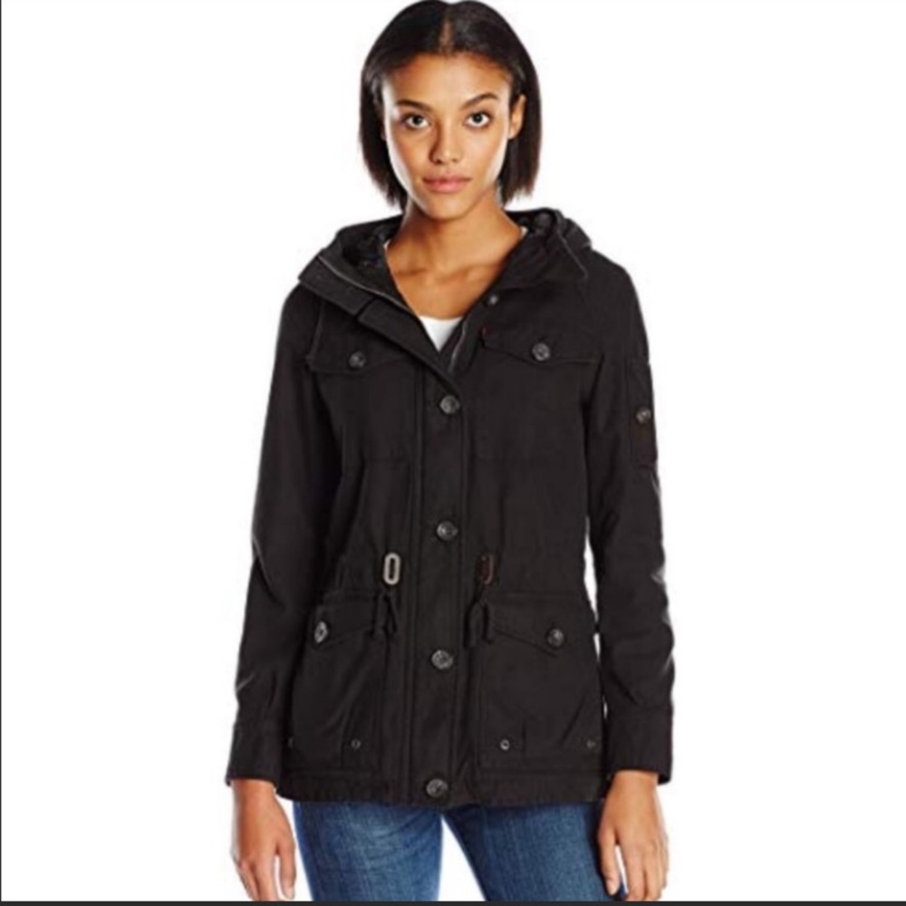 NWT Levi’s Hooded Military Jacket Drawstring Waist size L In Black